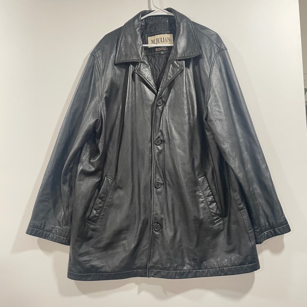 M. Julian Wilsons Leather Long Coat Mens Large Black Button Front Quilted Lined‎